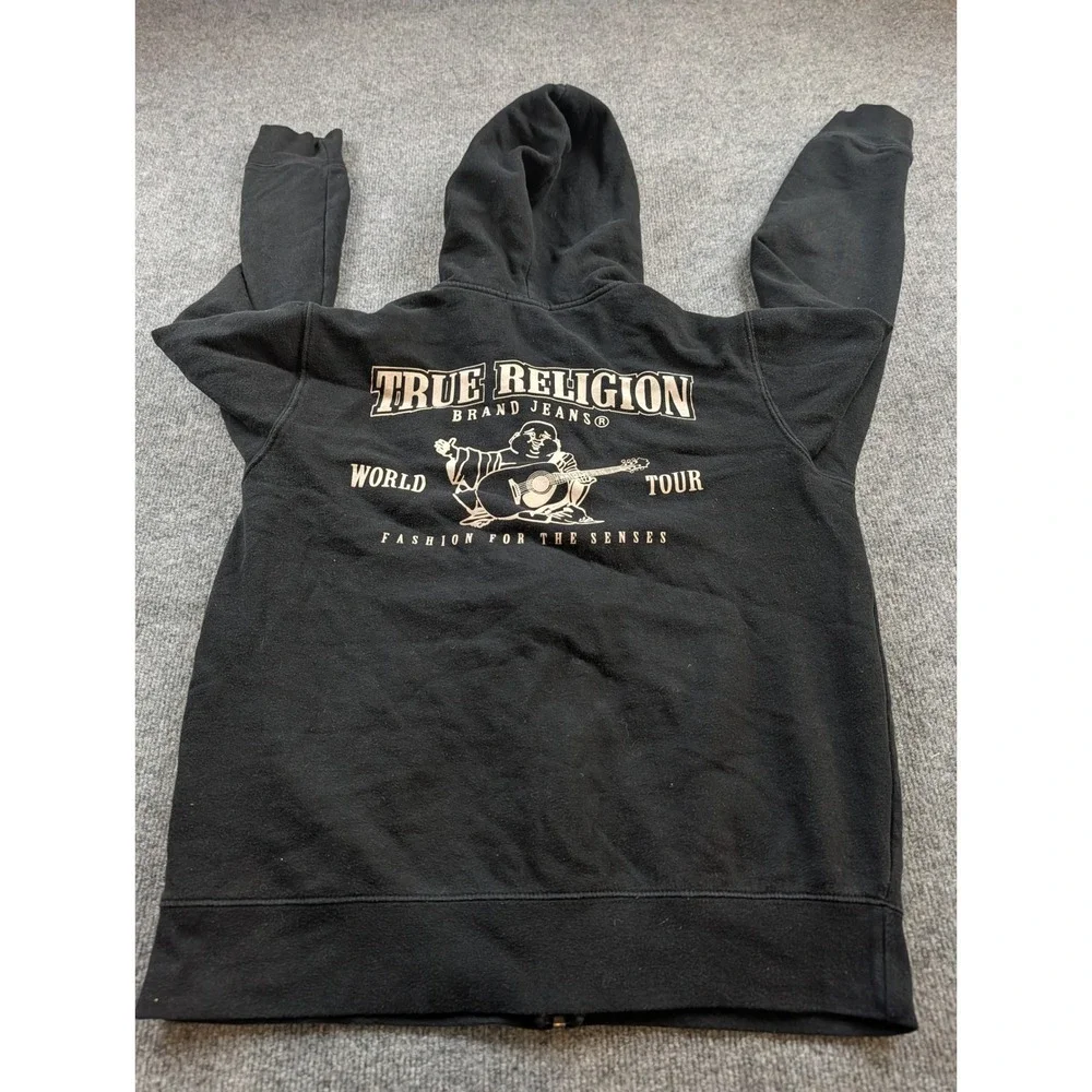 True Religion Zip Up Hoodie Mens M Black Excellent World Tour Graphic Logo